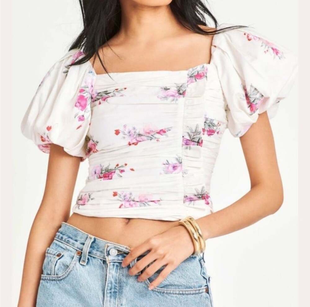LoveShackFancy Top Pink Parade Floral Short Puff Sleeve Square Neck Size 8